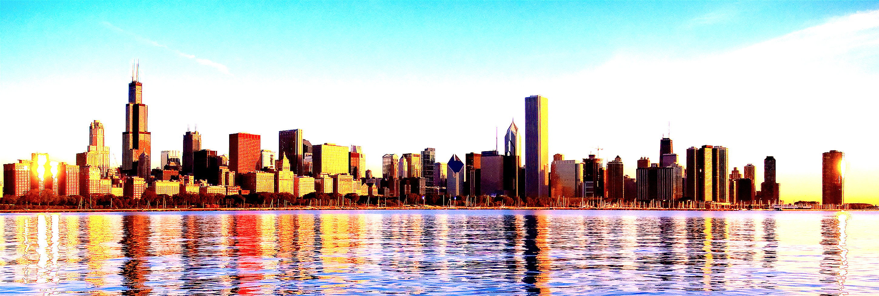 Chicago skyline from Adler Planetarium sunrise meitu
