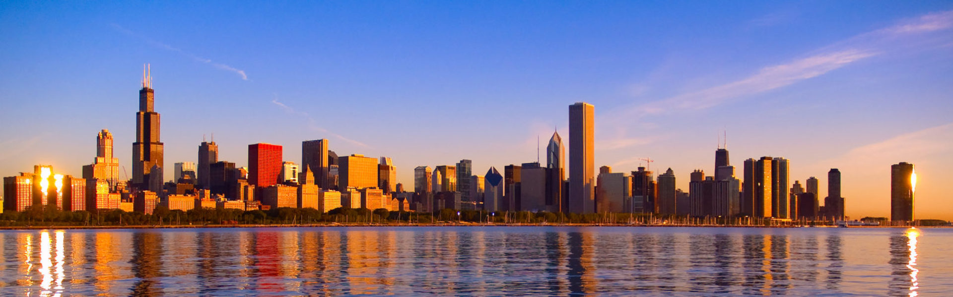 cropped cropped Chicago skyline from Adler Planetarium sunrise