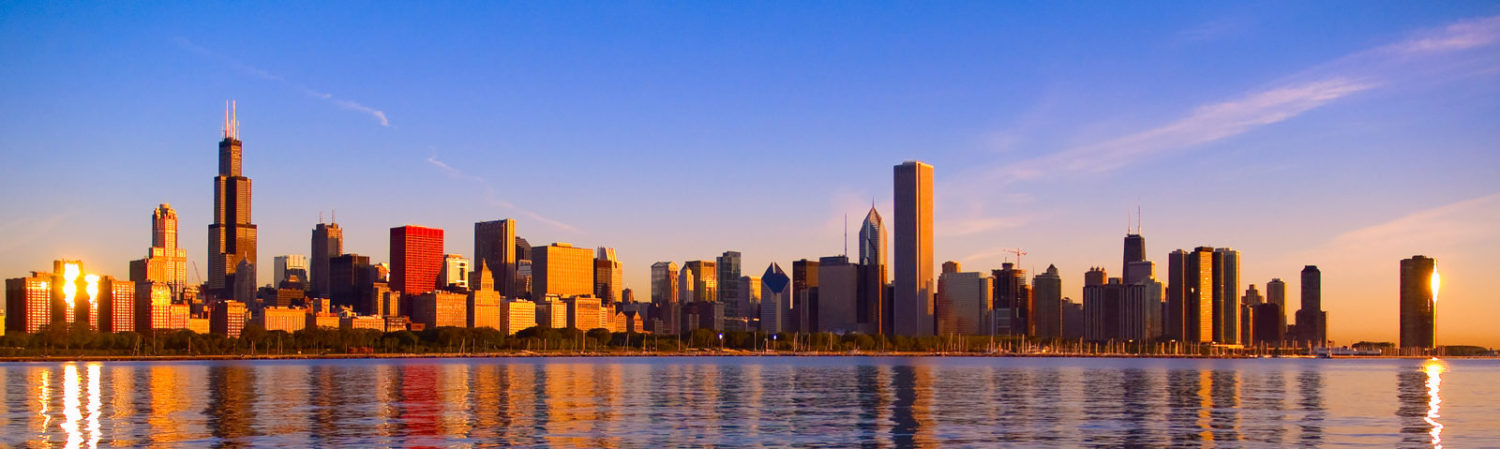 cropped cropped Chicago skyline from Adler Planetarium sunrise
